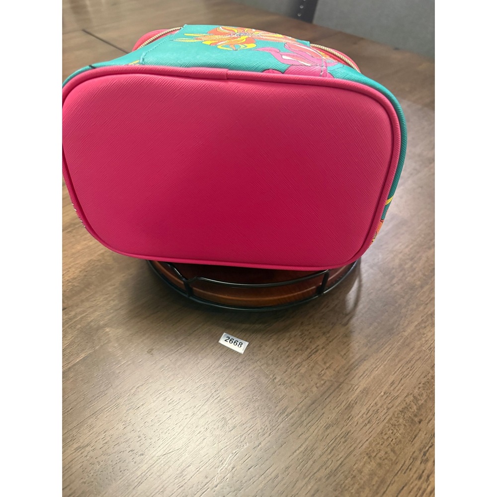 Trina Turk Teal Pink Floral Makeup Bag Vanity Case with Top Handle Gold Zipper - Picture 6 of 7